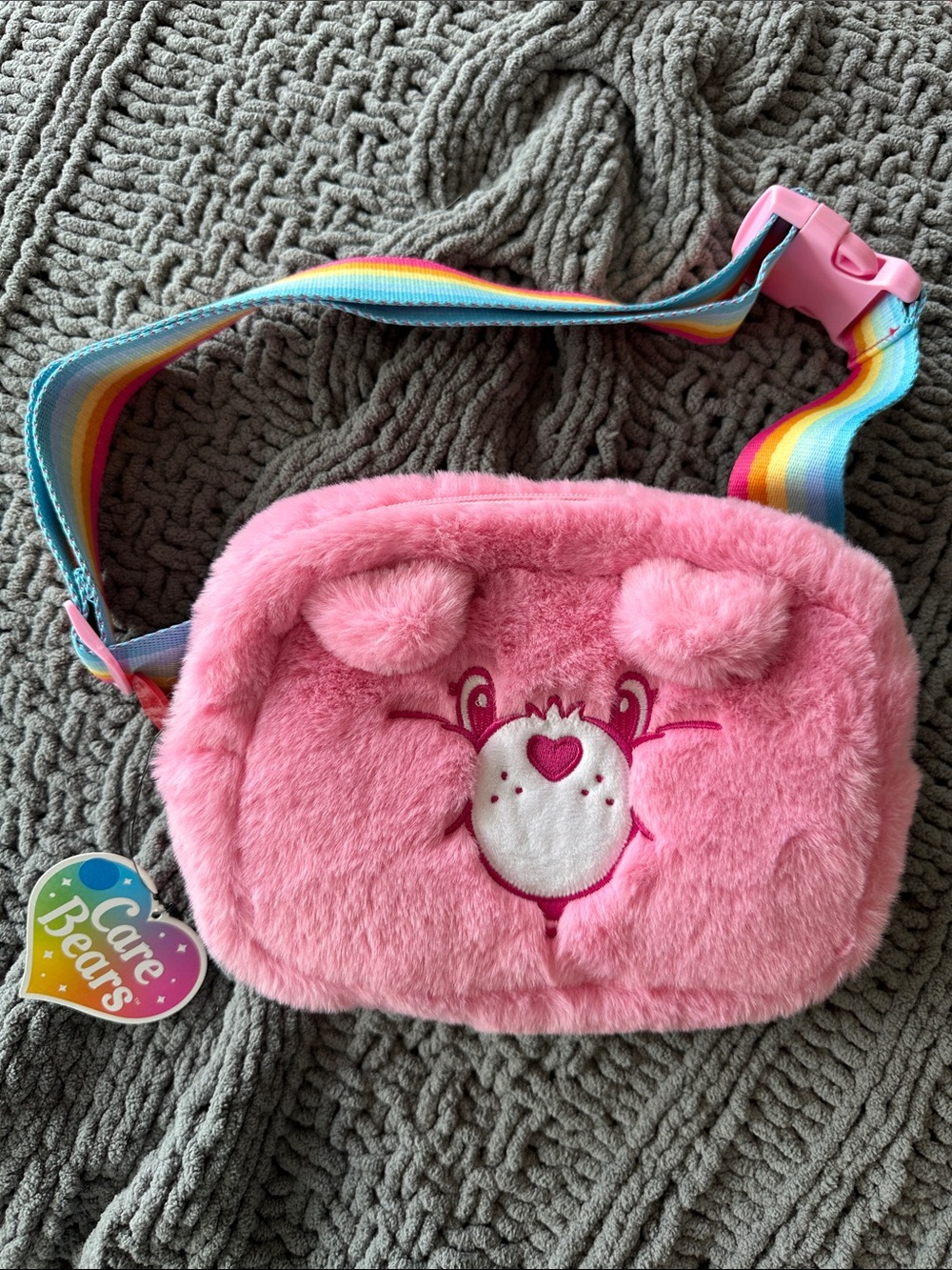 NWT Care Bears Pink Plush Crossbody Bag/Fanny Pack with Rainbow Strap